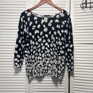 Ann Taylor Black With White Daisy Print Pullover Sweater 100% Cotton Size L